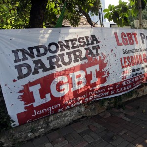 An anti-LGBT banner erected by an ultra-conservative Islamic group in Jakarta. Photo: AP