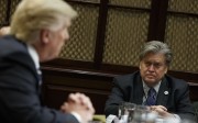 White House Chief Strategist Steve Bannon listens at right as US President Donald Trump speaks during a meeting on cyber security in the Roosevelt Room of the White House in Washington. Photo: AP