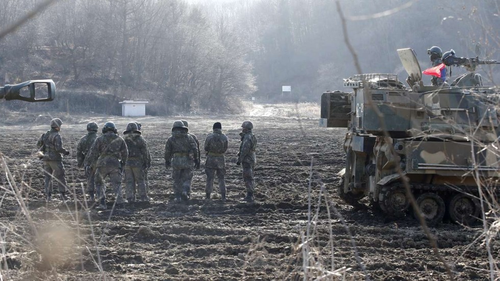 South Korean soldiers take part in a joint military exercise with the US near the Demilitarised Zone in Paju, South Korea. Photo: EPA