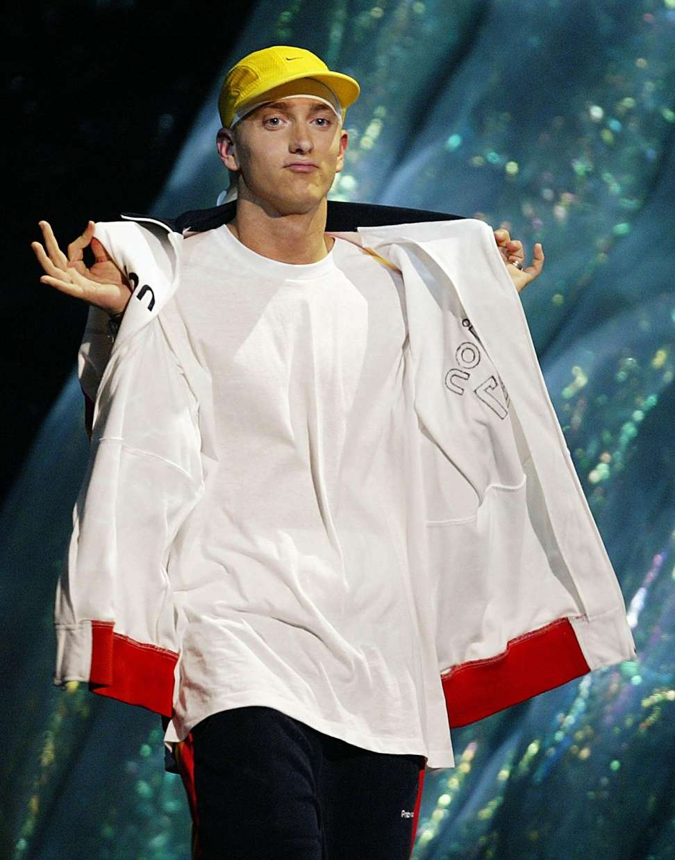 Eminem walking on stage to accept the Video of the Year Award at the MTV Video Music Awards in 2002. Photo: AFP