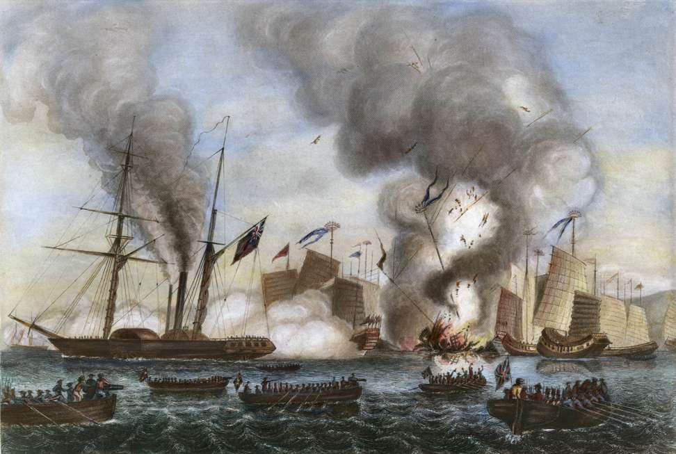 A contemporary engraving shows the East India Company's steamer Nemesis and other boats destroying Chinese war junks during the first opium war, 7 January 1841. Photo: Alamy