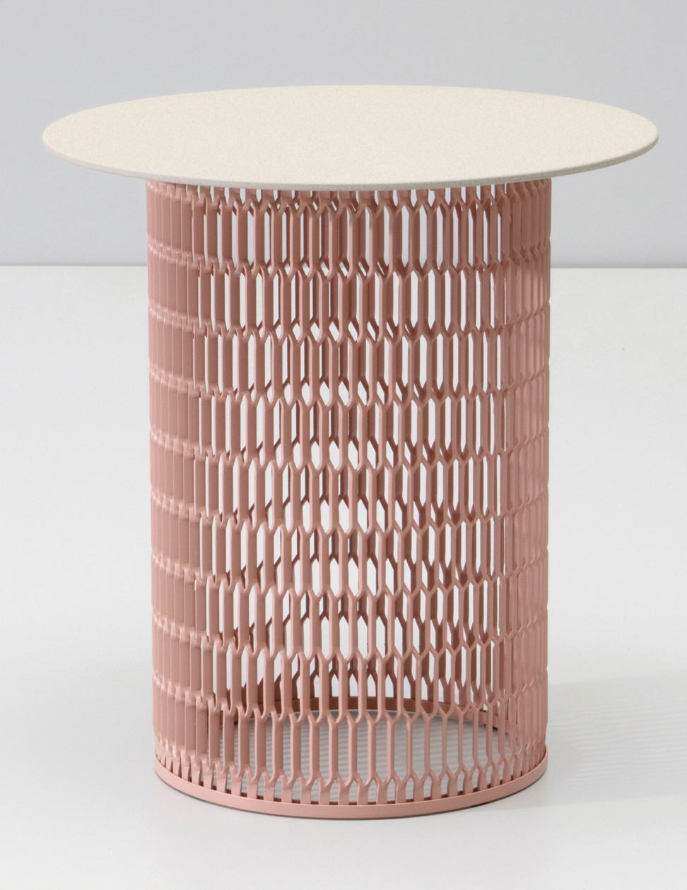 The cylindrical frame that supports the wooden table top adds a contemporary touch to outdoor space. Price on request