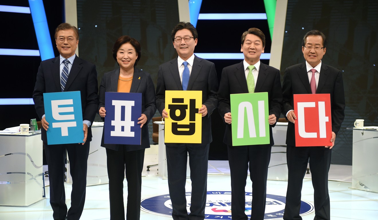 South Korean presidential candidates Moon Jae-in of the Democratic Party of Korea, Sim Sang-jung of the Justice Party, Yoo Seung-min of the Bareun Party, Ahn Cheol-soo of the People’s Party and Hong Joon-pyo of the Liberty Korea Party. Photo: AFP