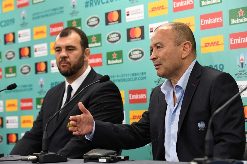 England’s head coach Eddie Jones speaks beside Cheika during their press conference following the Rugby World Cup Japan 2019 pool draw. Photo: AFP