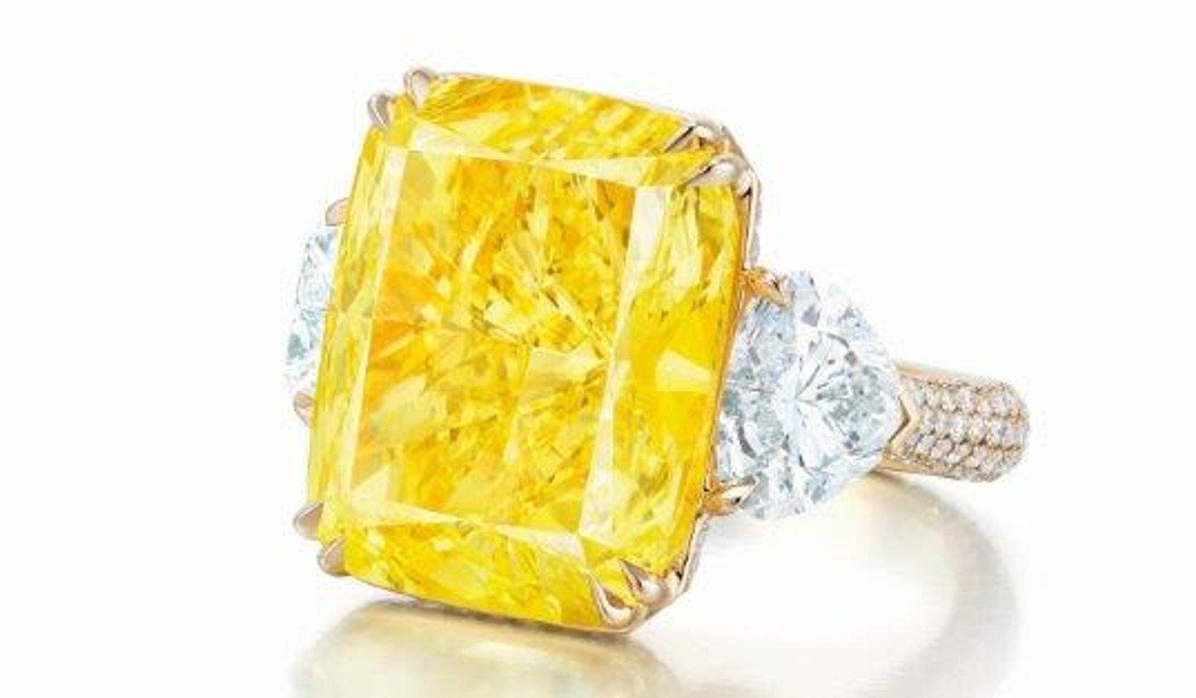 Cushion Cut Fancy Intense Yellow Diamond Ring by Ronald Abram