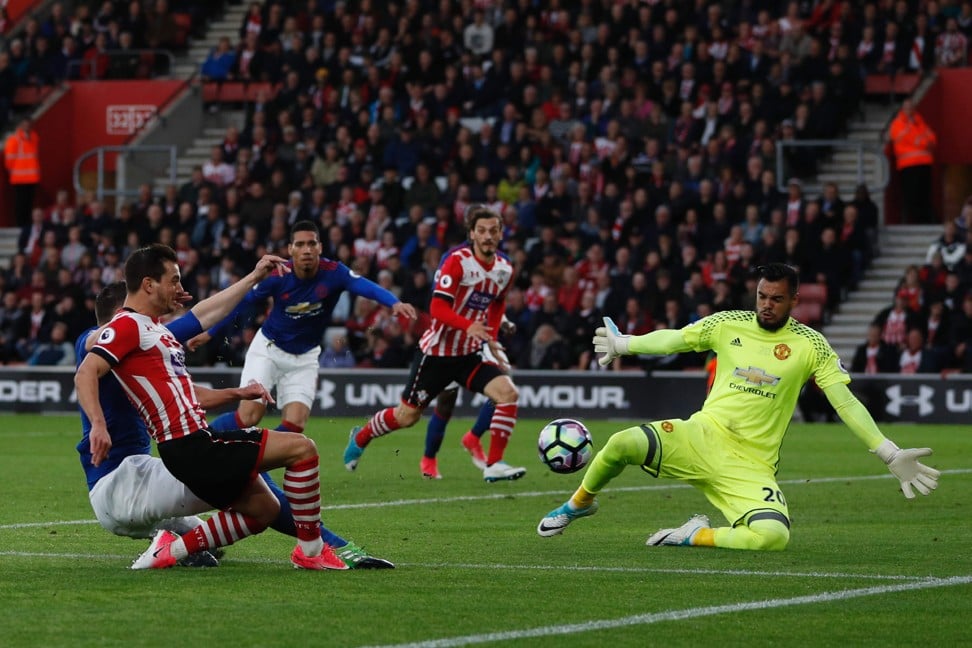 Southampton defender Cedric Soares shoots at Sergio Romero. Photo: AFP