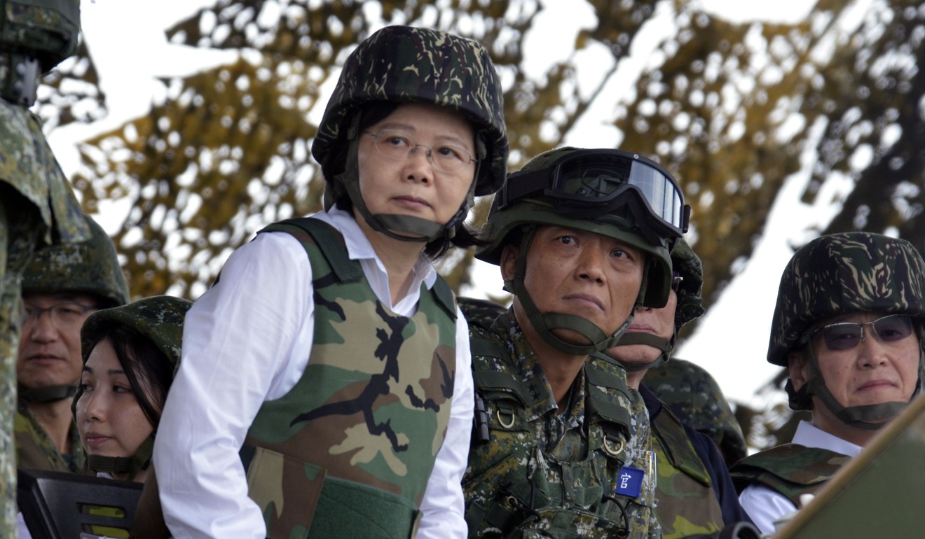 Taiwan’s President Tsai Ing-wen (centre) watches the military exercises on the outlying Penghu islands. Photo: AFP