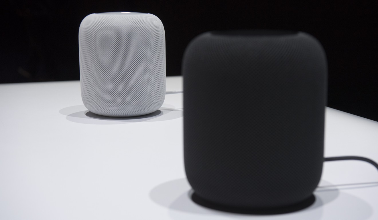 Apple HomePod speakers are displayed during the Apple Worldwide Developers Conference (WWDC) in San Jose, California, on Monday. Photo: Bloomberg