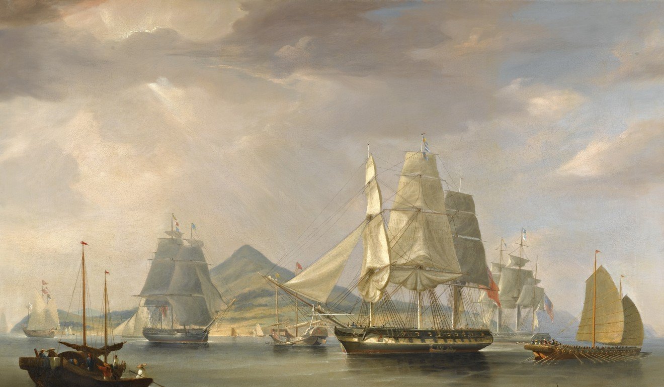 William John Huggins’ 1824 painting The Opium Ships at Lintin (present-day Neilingding Island).