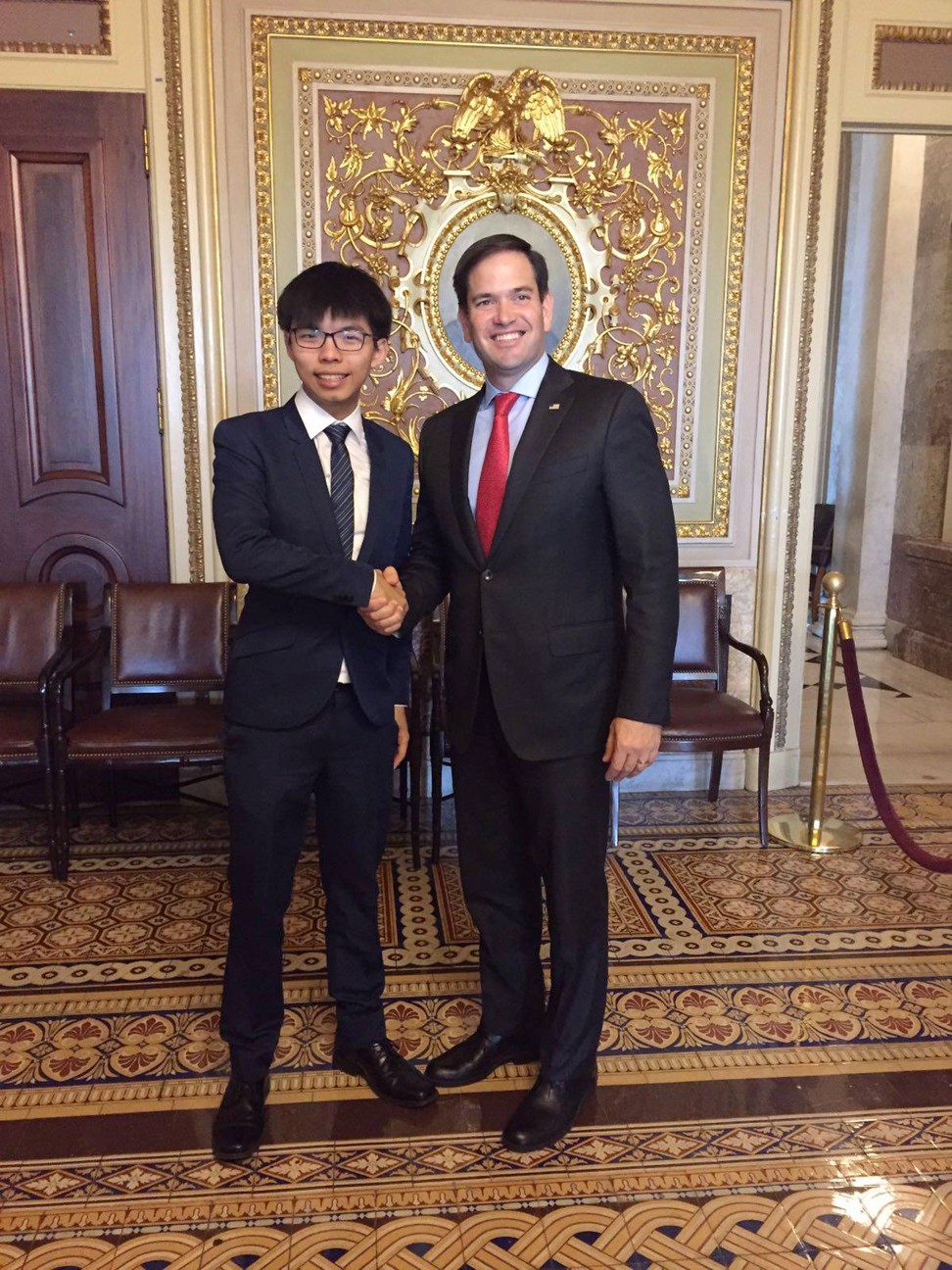 Occupy and Demosisto leader Joshua Wong Chi-fung with US Senator Marco Rubio in Washington last November 17. Wong testified at the Congressional-Executive Commission on China, which monitors human rights and is chaired by Rubio. Photo: Facebook
