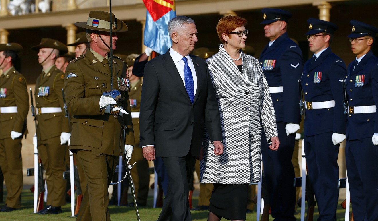 US Defence Secretary Jim Mattis walks with Australia’s Defence Minister Marise Payne at the Australian Army’s Victoria Barracks in Sydney. Photo: AP