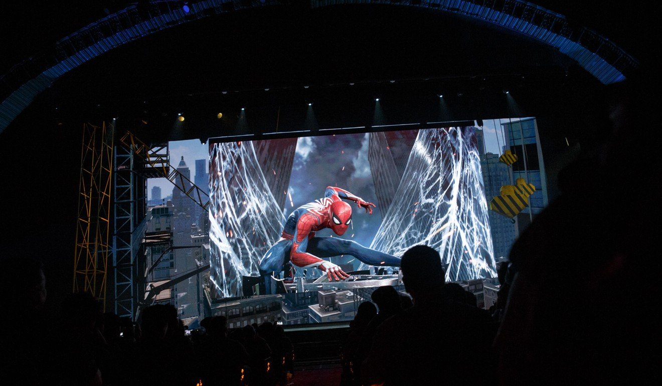 Spider-Man appears in a presentation of new games for the PS4. Photo: Patrick T. Fallon/Bloomberg
