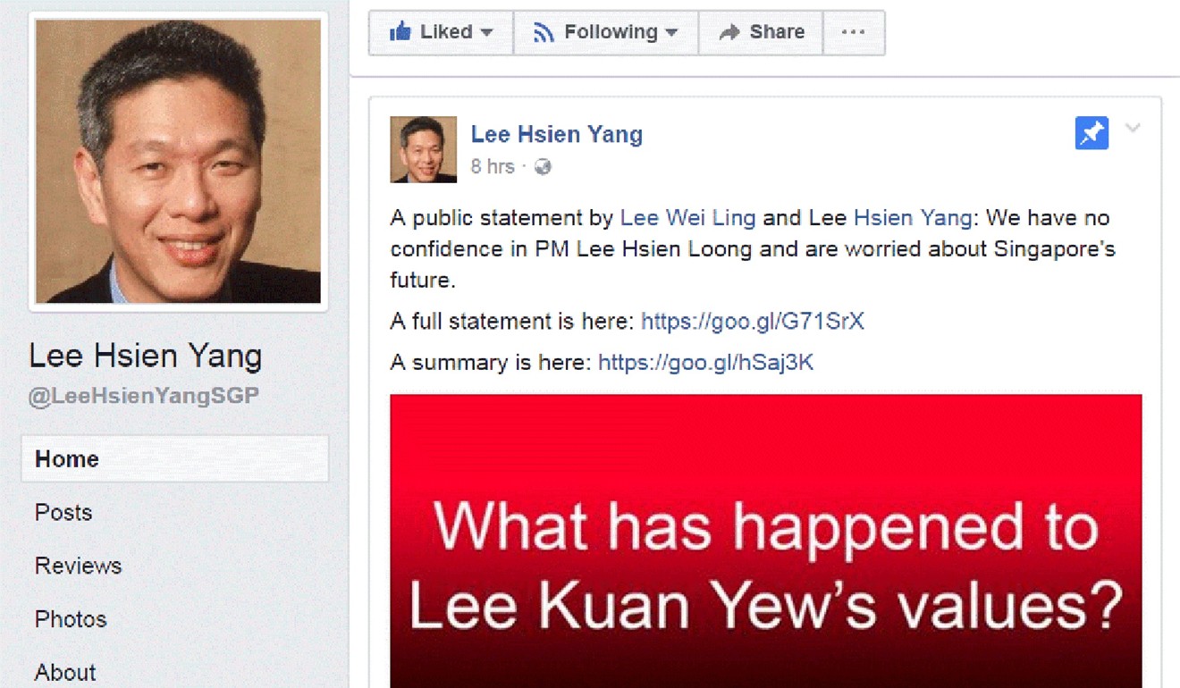 Lee Hsien Yang's Facebook page. Image: Facebook