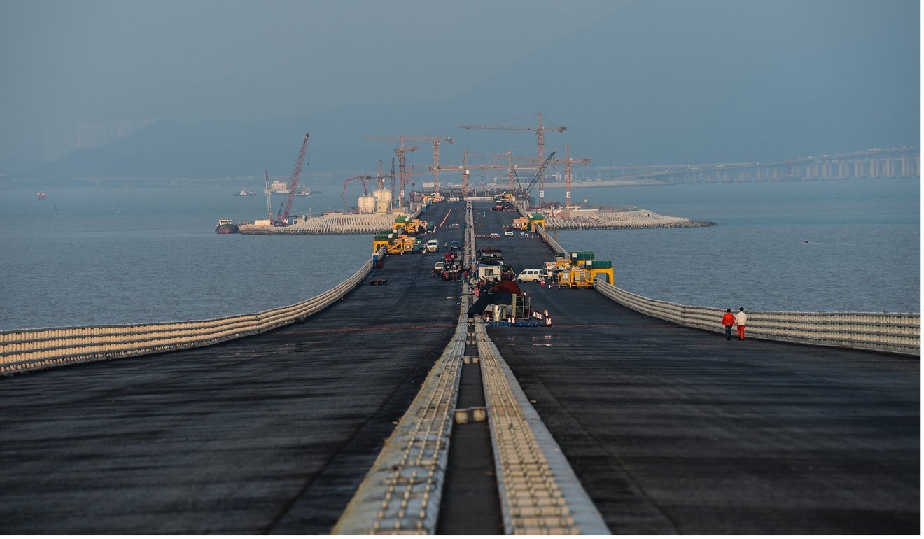 The China end of the Hong Kong-Zhuhai-Macau bridge under construction. Picture: Xinhua