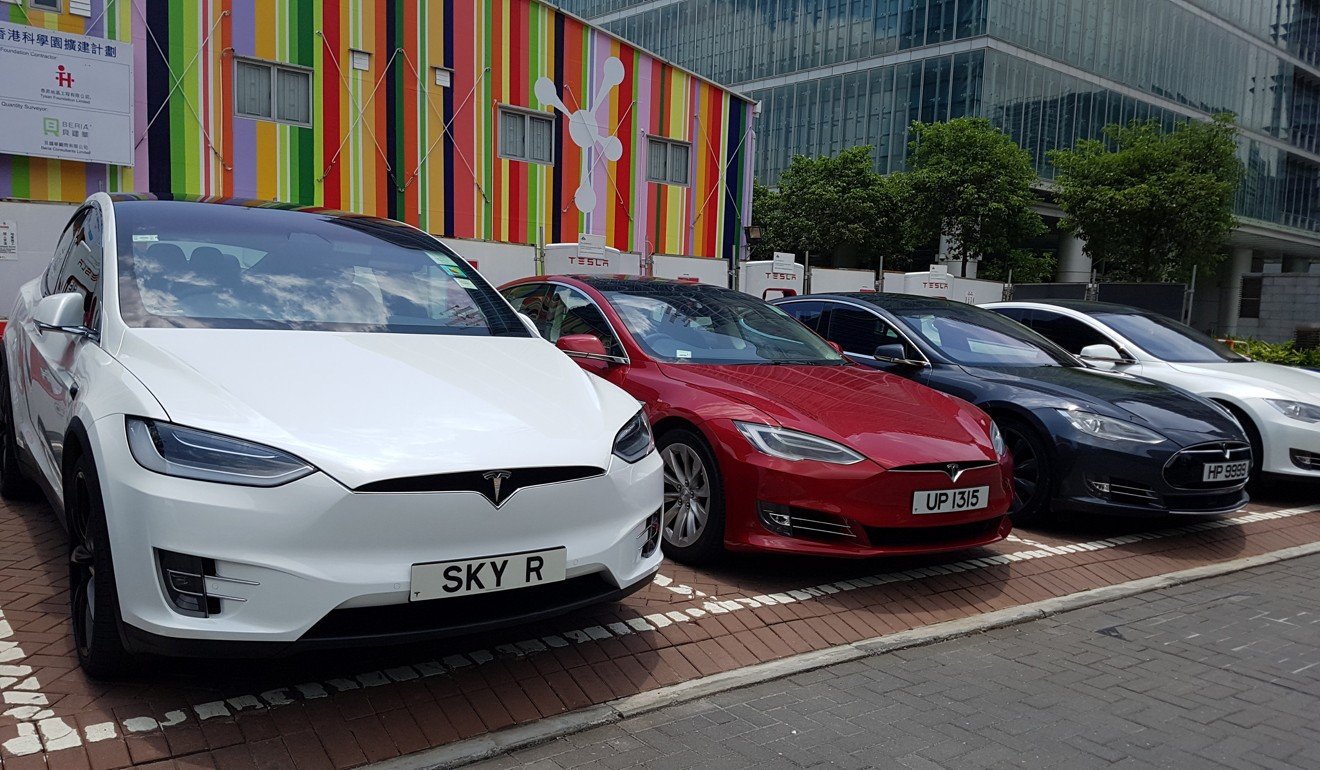 Tesla cars being recharged at the Science Park. Hong Kong is the only place in the world where Tesla is required to remove its calendar app on the display that comes with its electric cars. Photo: Reuters