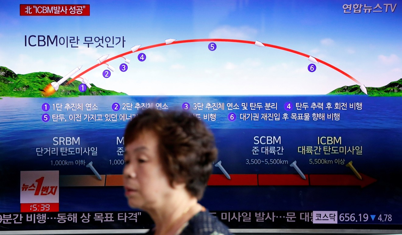 A woman in Seoul walks past a TV broadcast on North Korea's Hwasong-14 missile, a new intercontinental ballistic missile, which they said was successfully tested. Photo: Reuters
