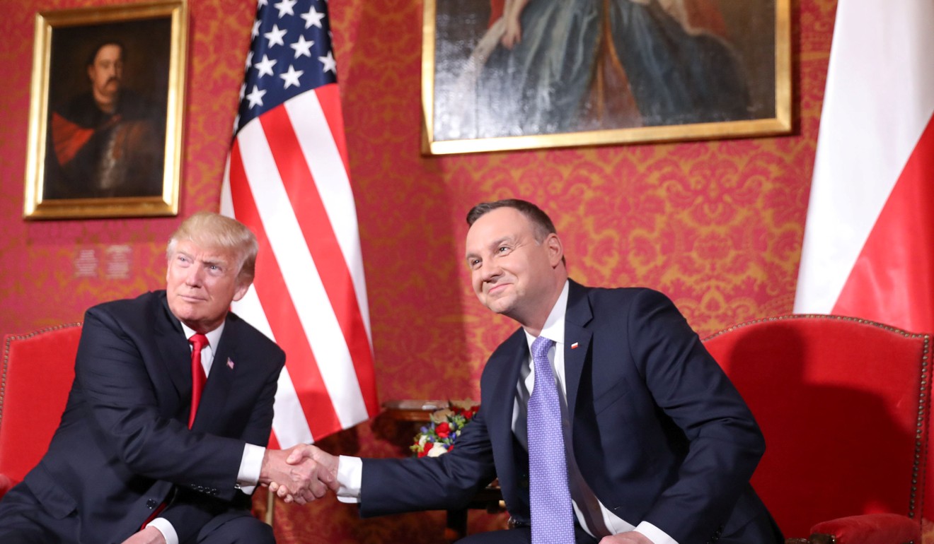 US President Donald Trump shakes hands with Polish President Andrzej Duda in Warsaw. Photo: Reuters