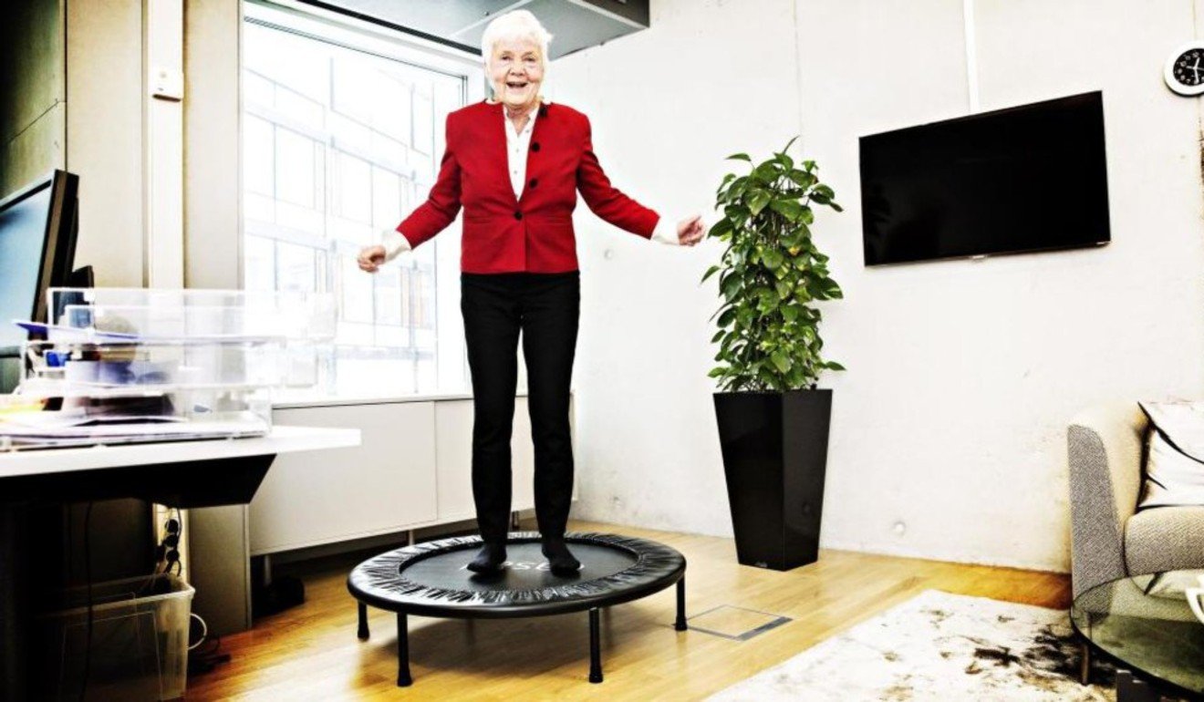 Astrid Heiberg on a trampoline. She is a strong advocate of active ageing.