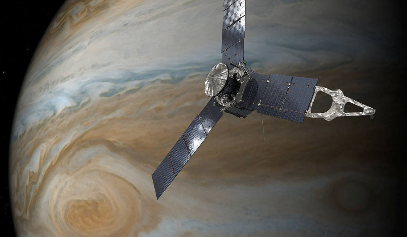 An artist’s impression of Nasa’s Juno spacecraft in orbit above Jupiter’s Great Red Spot. Graphic: Nasa / Reuters