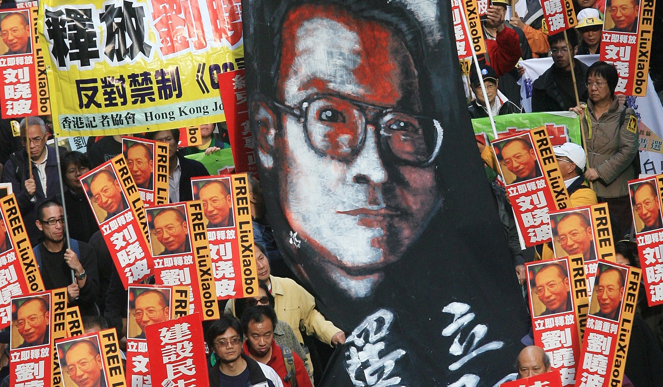 Protesters in Hong Kong demand the release of Liu Xiaobo during a march to the central government’s liaison office in January 2010. Photo: David Wong