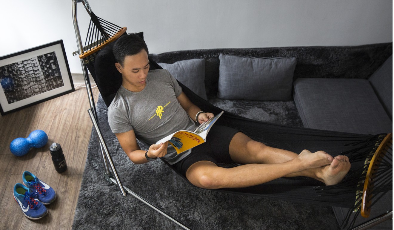 When relaxing at home, Nigel Yau wears a cotton lycra blend T-shirt from Harbour Runners and shorts from Swrve. Photo: Michelle Wong