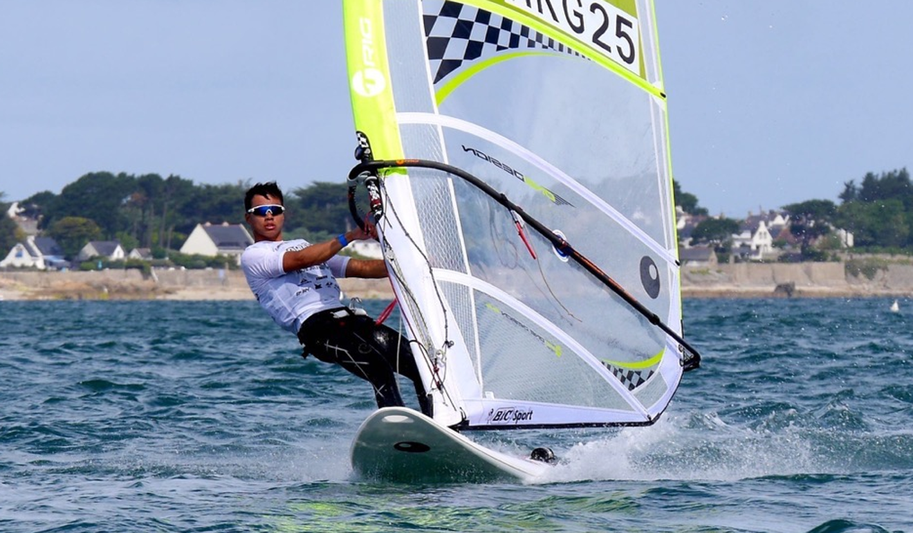 Leung Pui-hei leans back during his sixth-placed effort at the Techno 293+ Worlds in France.