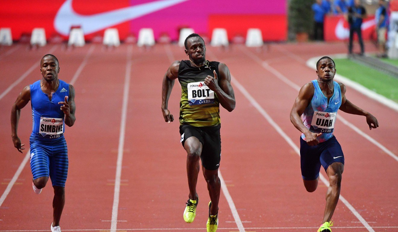 Usain Bolt (centre) the men’s 100m event in Monaco. Photo: AFP