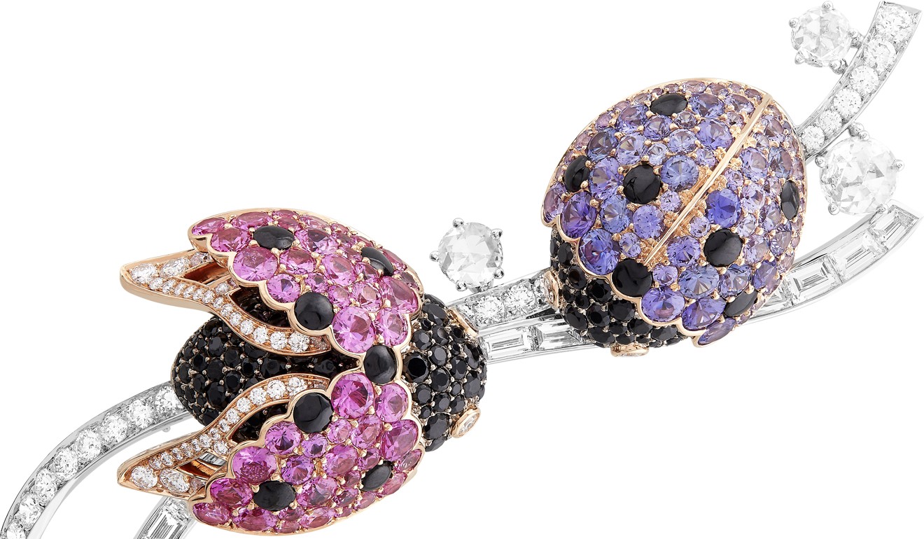 Encrusted with pink and violet sapphires and punctuated by buff-topped black spinels, the Coccinelles clip set depicts two ladybirds which sparkle as you move. Price on request