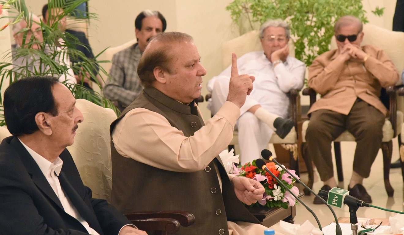 Pakistan's ousted prime minister Nawaz Sharif addressing his party in Islamabad. Photo: AFP