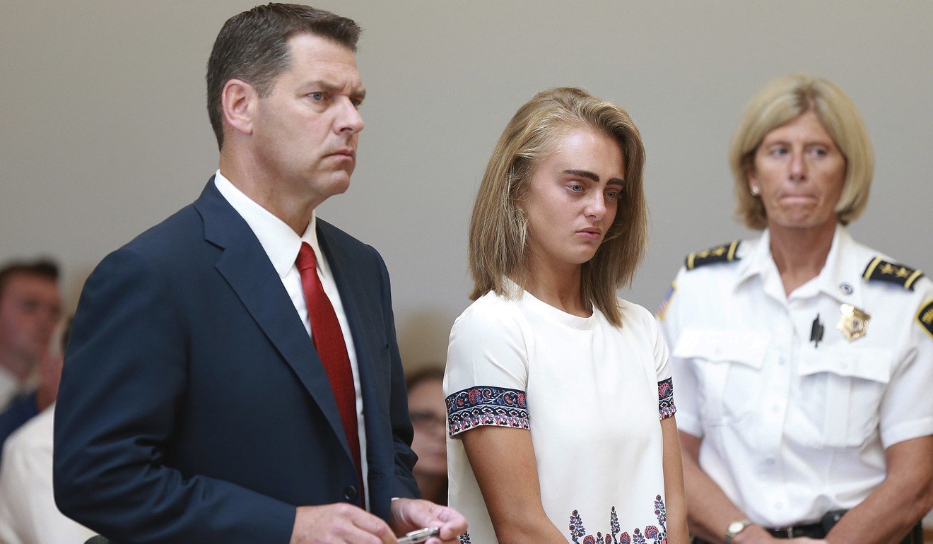 With her defence attorney Joseph Cataldo at left, Michelle Carter listens to her sentencing for involuntary manslaughter for encouraging 18-year-old Conrad Roy III to kill himself in July 2014.Photo: The Boston Herald via AP