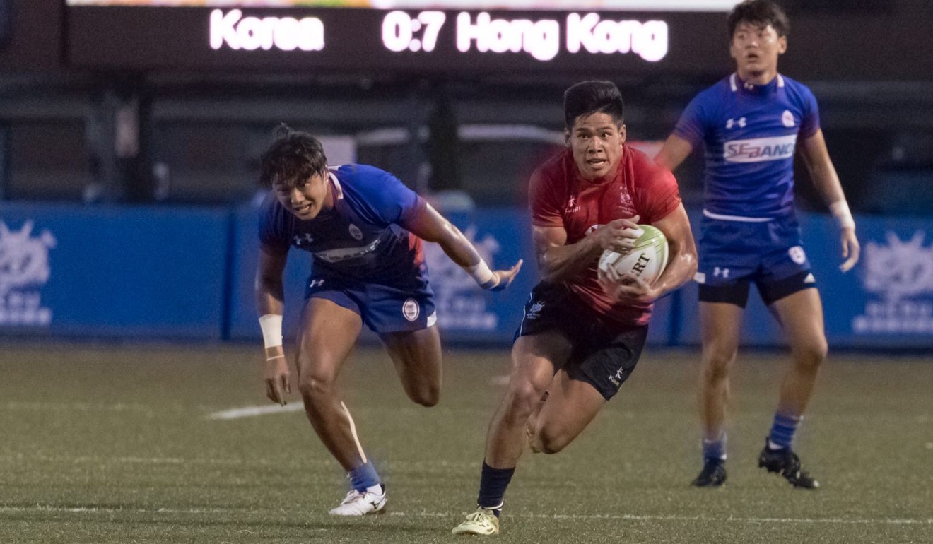Fong Kit-fung finds a gap during pool play in the Asia Rugby Under-20 Sevens Series at King's Park.