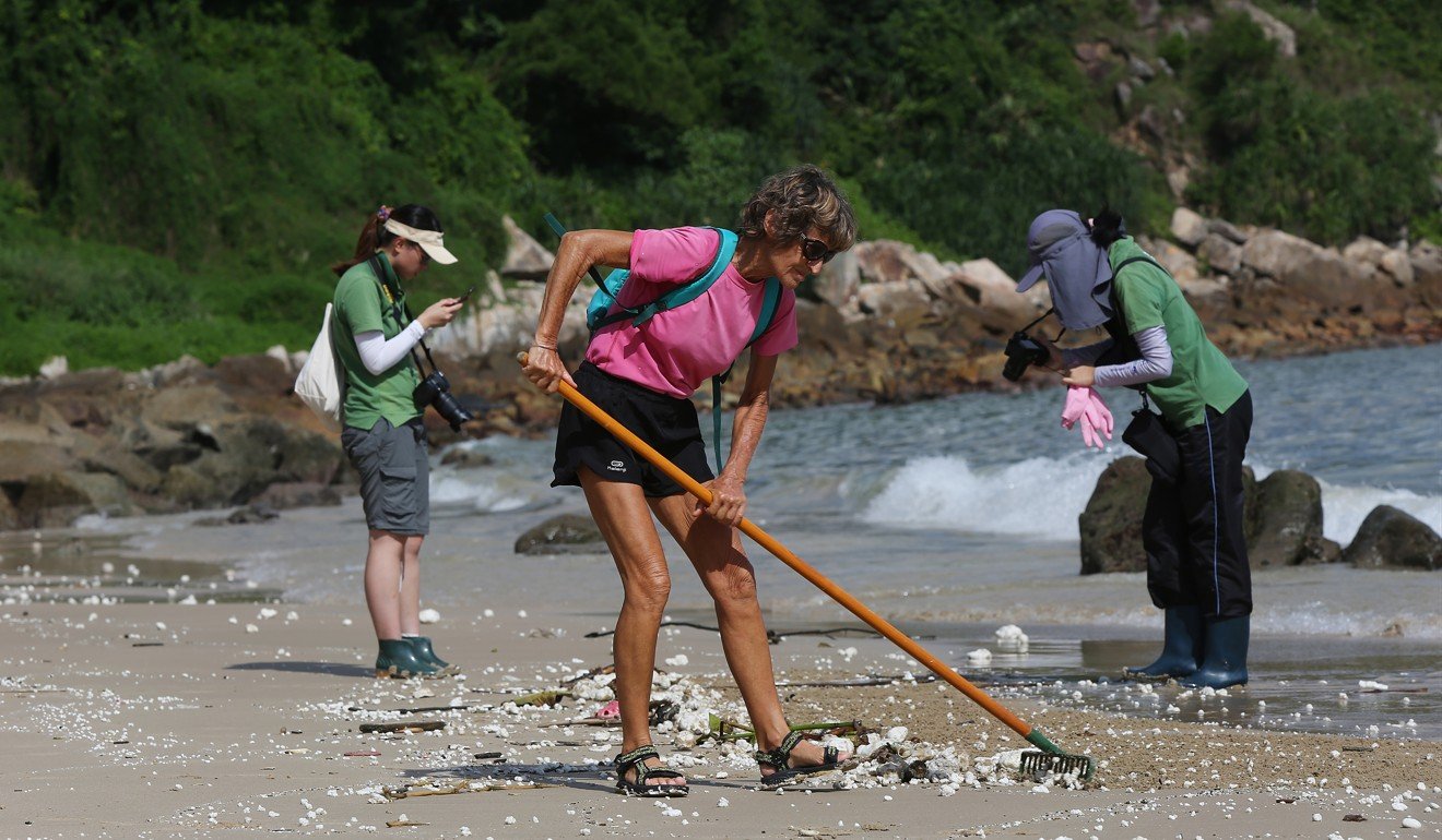 Lamma resident Marie Helena Arnauld helping with clean-up efforts. Photo: Xiaomei Chen