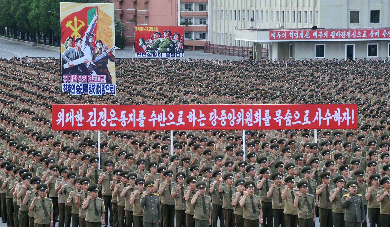 Service personnel with the Ministry of People’s Security at a rally in Pyongyang on Thursday in support of its stance against the US. Photo: AFP