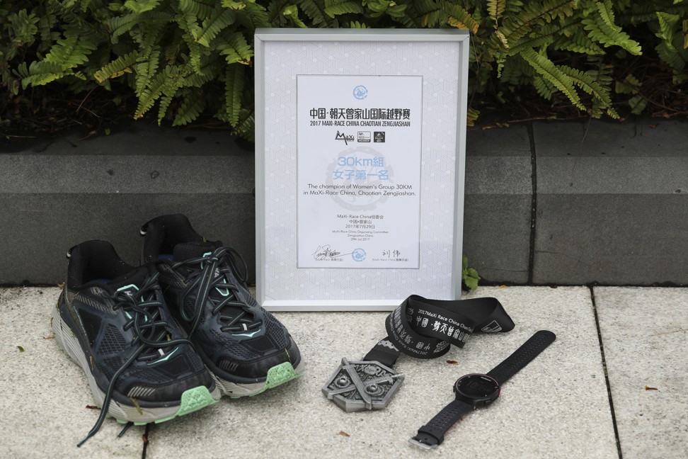 Saint-Pe’s shoes and watch, and a certificate and medal she received when she took first place in the MaXi-Race in China, her first outside Hong Kong. Photo: Nora Tam