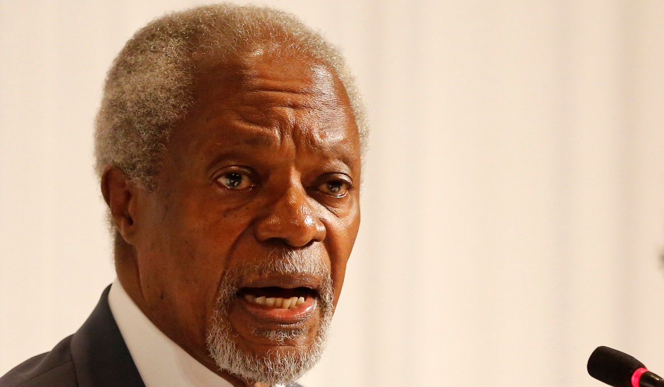 Kofi Annan, chairman for Advisory Commission on Rakhine State, talks to journalists during his news conference in Yangon. Photo: Reuters