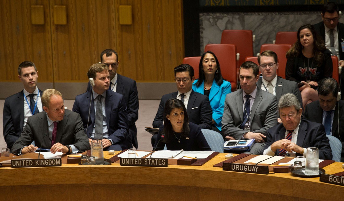 US Ambassador to the UN Nikki Haley delivers remarks during the meeting. Photo: Reuters
