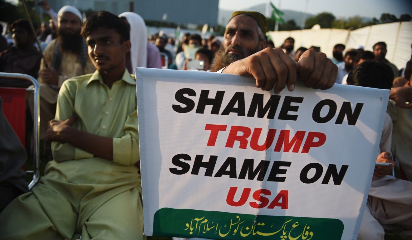 An anti-US protest in Islamabad following Trump’s allegation that Pakistan is harbouring militants. Photo: AFP