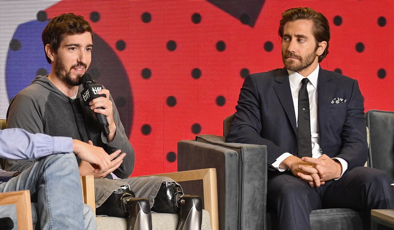 Jeff Bauman and Jake Gyllenhaal talk about the film Stronger in Toronto. Photo: EPA