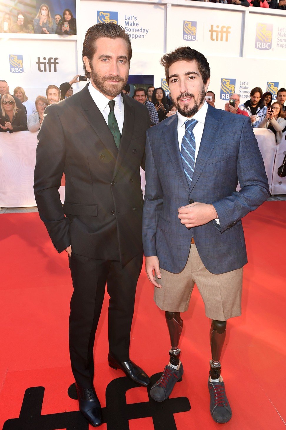 Jake Gyllenhaal and Jeff Bauman attend the Stronger premiere. Photo: Kevin Winter/Getty Images/AFP