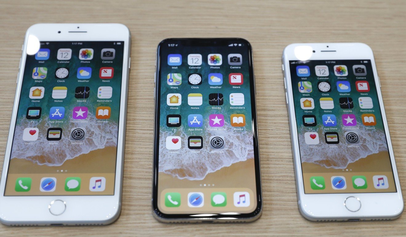 (L-R) iPhone 8 Plus, iPhone X and iPhone 8 models are displayed during an Apple launch event in Cupertino, California. Photo: Reuters