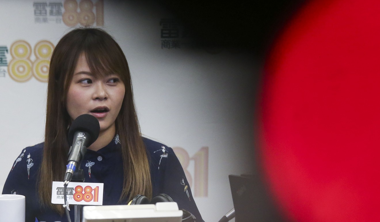 Education University student union president Lala Lai Hiu-ching attends a Commercial Radio programme on September 11 to talk about some offensive messages posted on the university’s “democracy wall”. Photo: K.Y. Cheng