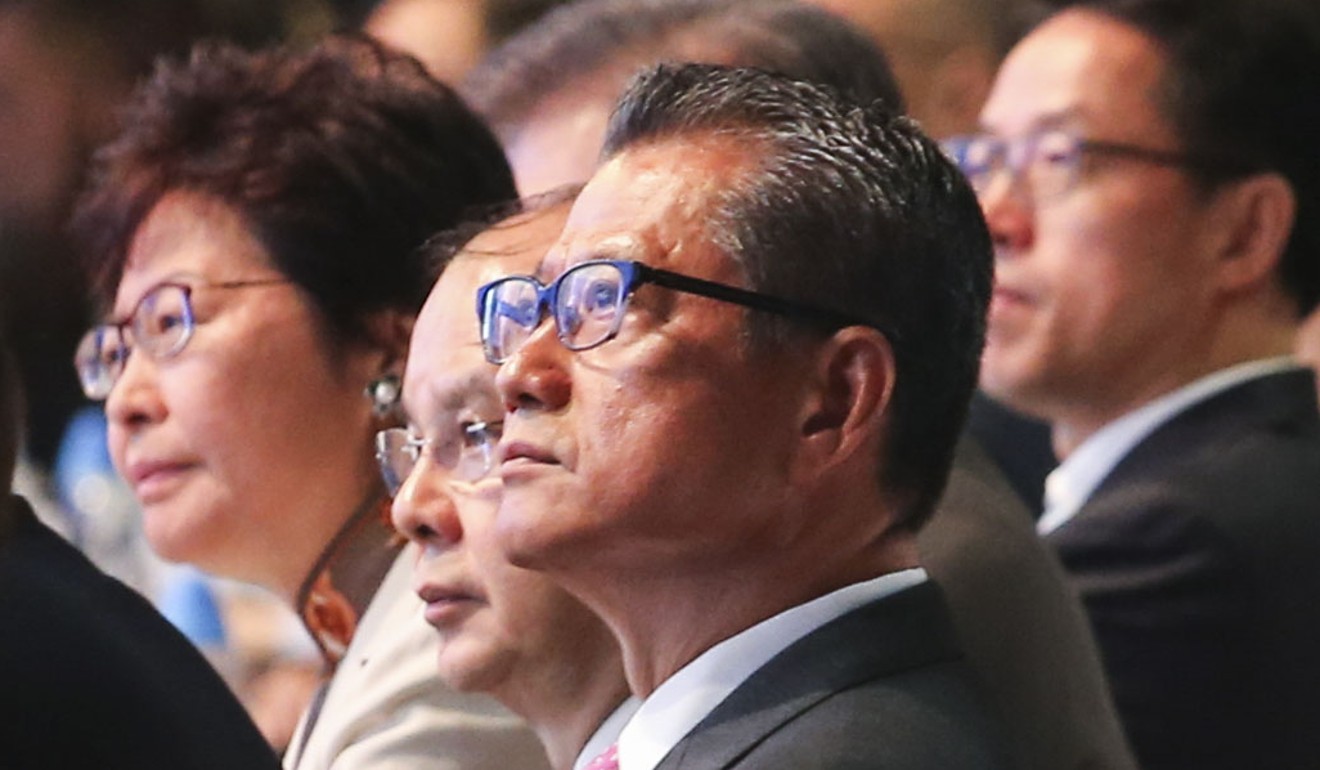 Among top officials in the audience at the Belt and Road Summit are (from left) Hong Kong’s Chief Executive Carrie Lam Cheng Yuet-ngor, Chief Secretary Matthew Cheung Kin-chung and Financial Secretary Paul Chan Mo-po, at the Convention and Exhibition Centre on September 11. Photo: David Wong