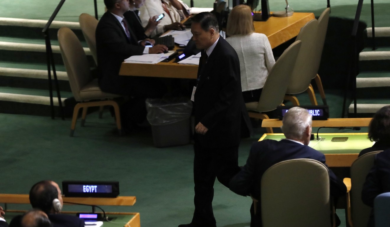 North Korea's Ambassador to the UN, Ja Song-nam, leaves the hall to boycott the speech of US President Donald Trump. Photo: Reuters
