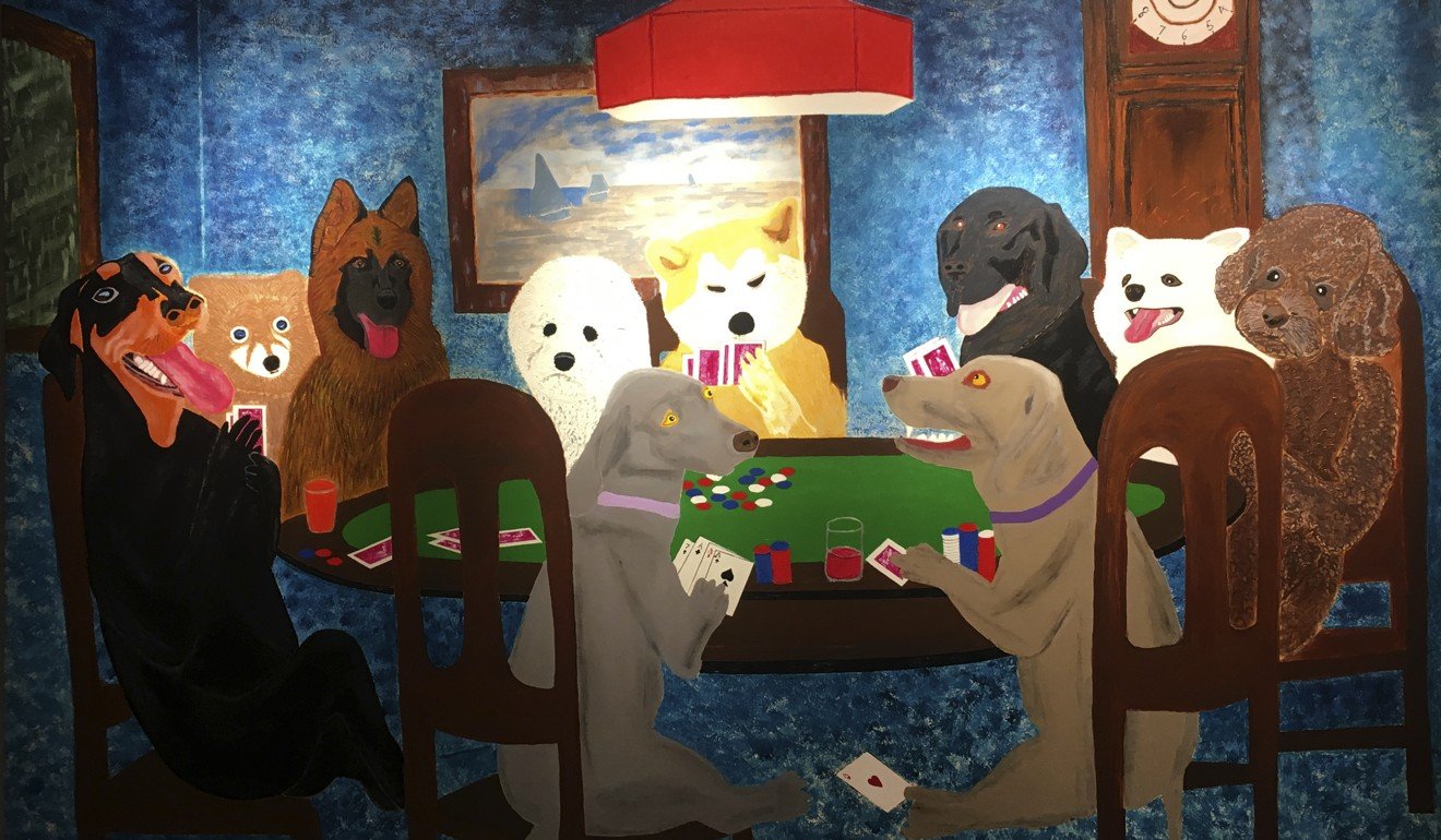 Jubilant Gathering, a work by Peng, depicts 10 dogs playing poker. Photo: Peng Hong-ling