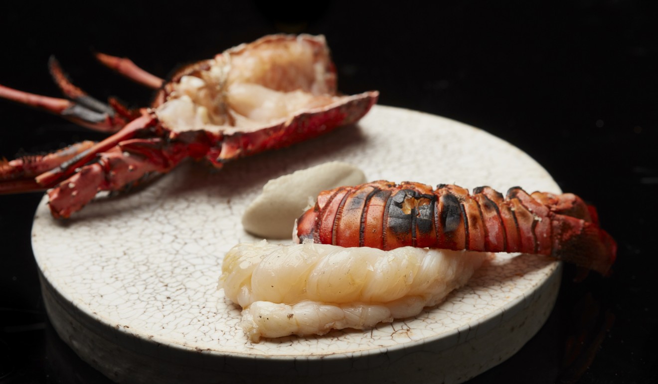 Ta Vie’s charcoal-grilled ise lobster with white aubergine purée.