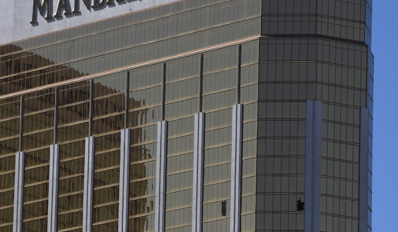 The damaged windows of the 32nd floor room in the Mandalay Bay hotel. Photo: AFP