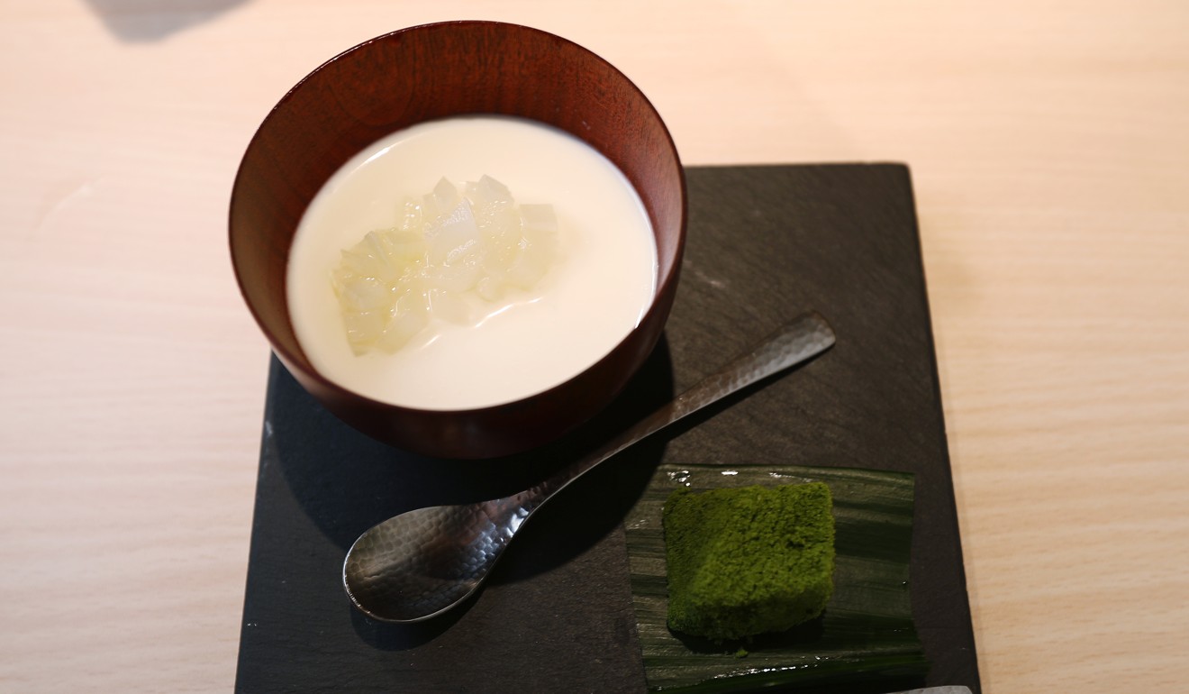 Milk pudding with pear and red bean jelly. Photo: Nora Tam