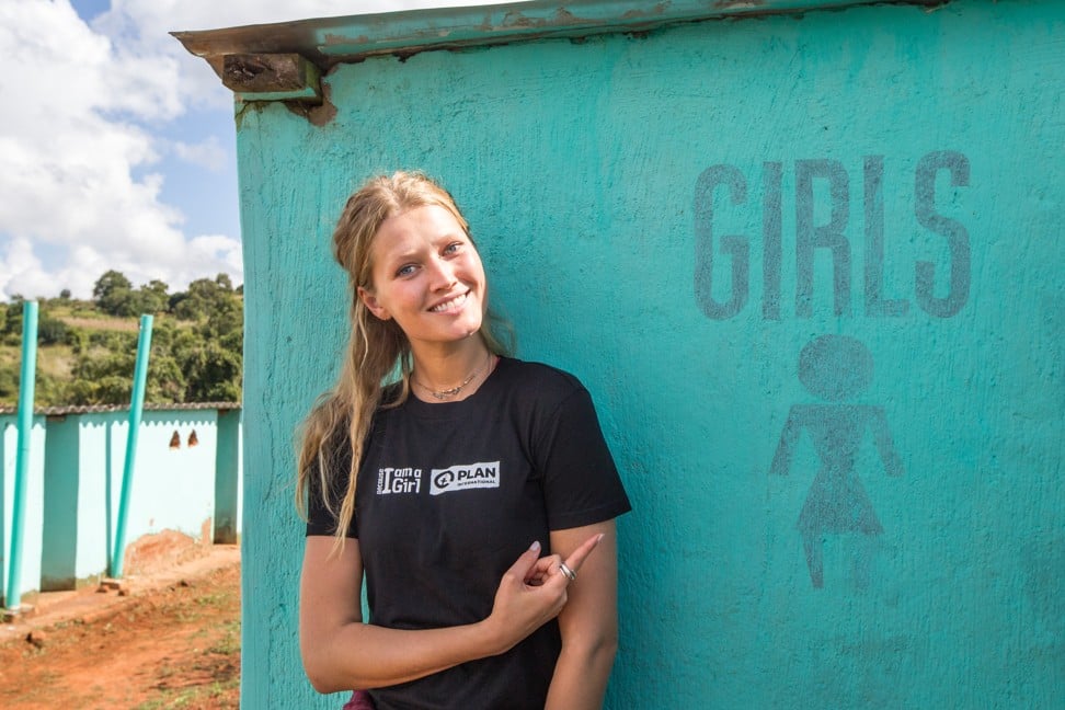 Toni Garrn wearing a limited-edition ‘Girl Empower’ charity graphic tee by top British designer Bella Freud. All proceeds will be used to provide girls in Zimbabwe with a safe and comfortable study environment.