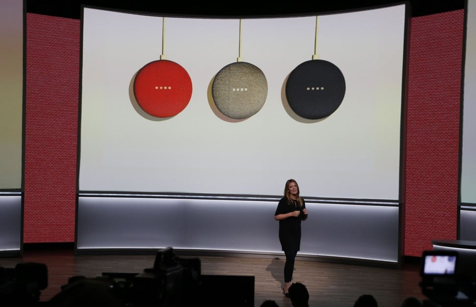Isabelle Olsson, senior industrial designer at Google, explains that the Google Home Mini will come in three colours at the device’s launch event in San Francisco. Photo: EPA-EFE