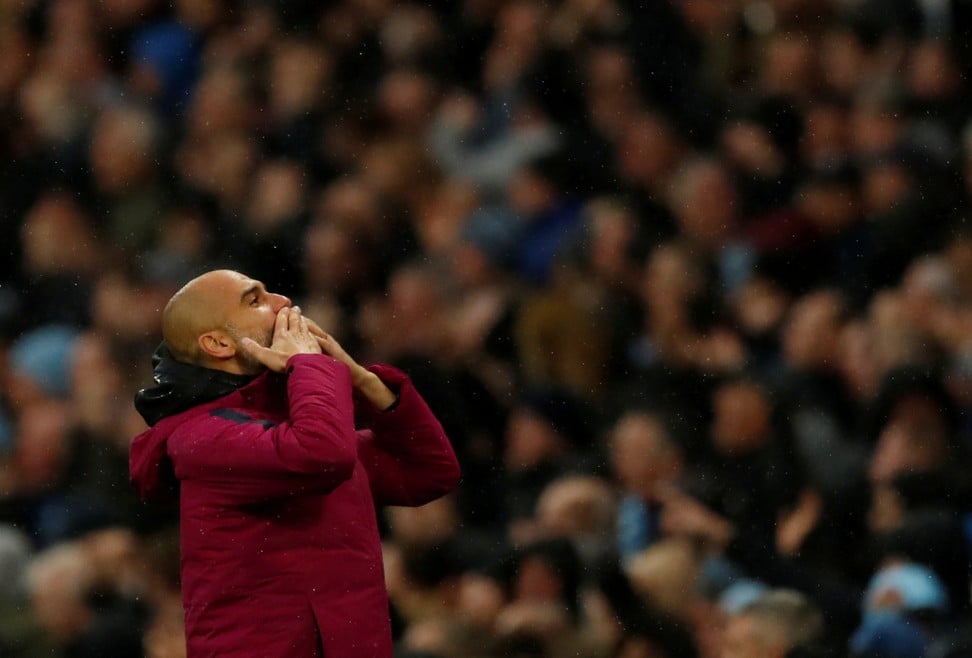 Manchester City manager Pep Guardiola celebrates after Manchester City’s win. Photo: Reuters